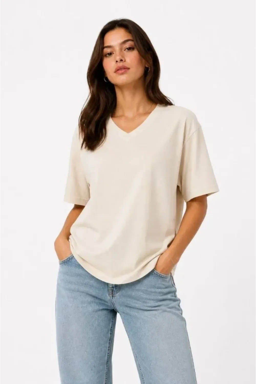 V Yaka Basic Tişört Kısa Kol Yazlık Regular Fit T-Shirt - Bej