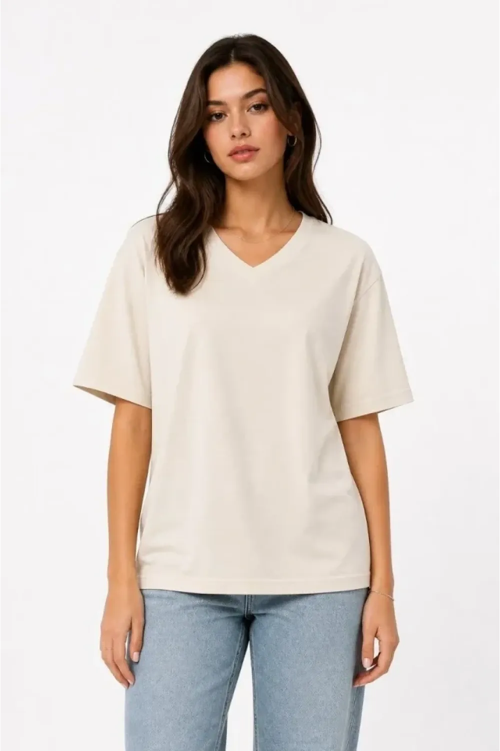 V Yaka Basic Tişört Kısa Kol Yazlık Regular Fit T-Shirt - Bej