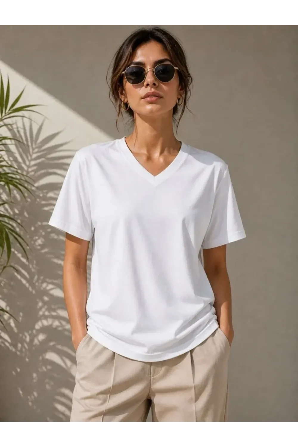 V Yaka Basic Tişört Kısa Kol Yazlık Regular Fit T-Shirt - Beyaz