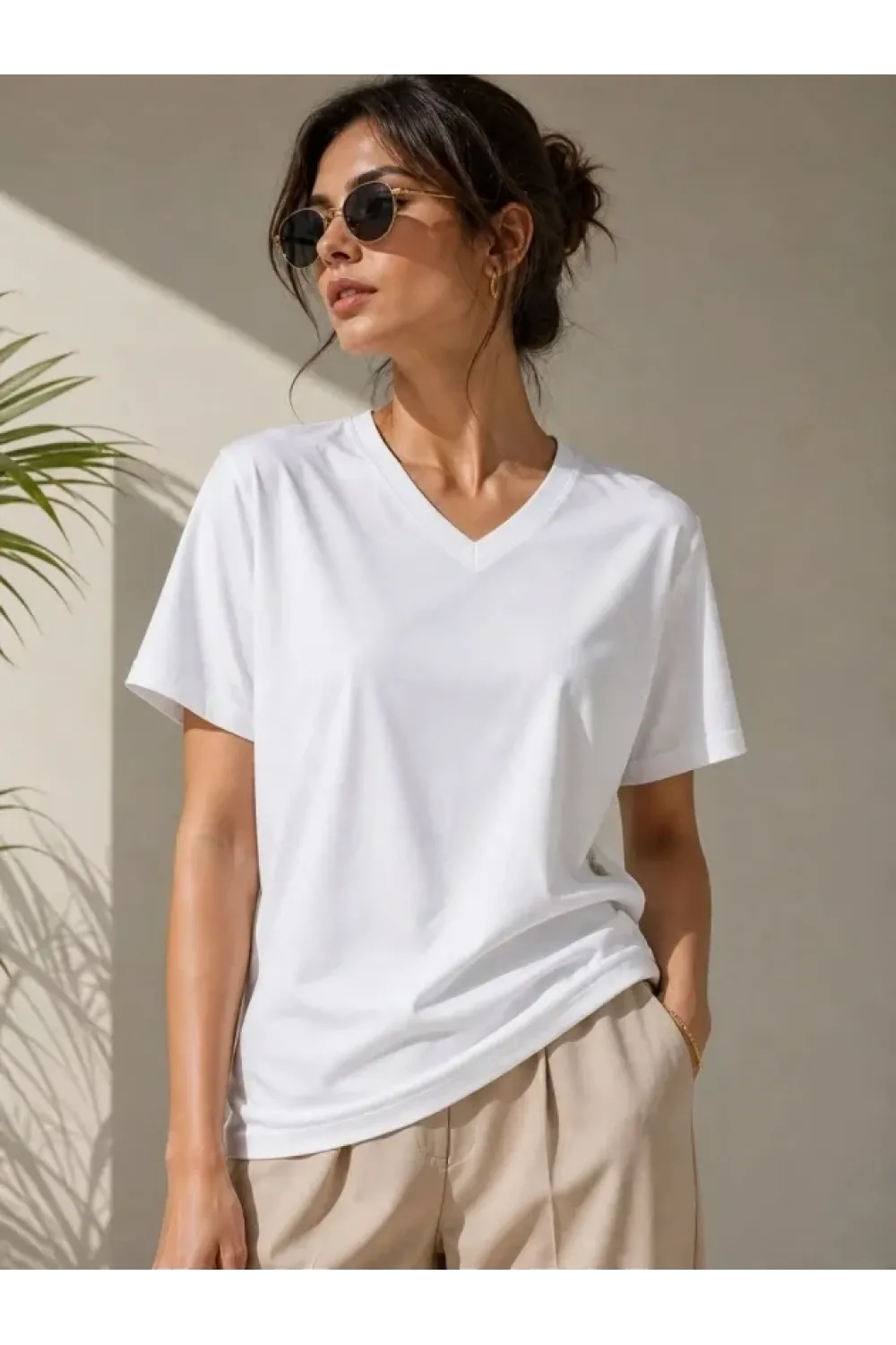 V Yaka Basic Tişört Kısa Kol Yazlık Regular Fit T-Shirt - Beyaz