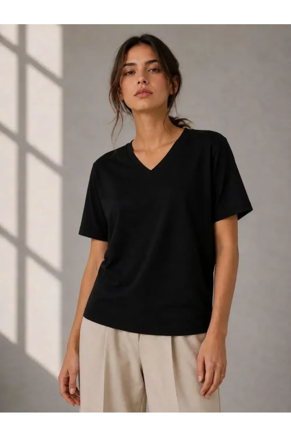 V Yaka Basic Tişört Kısa Kol Yazlık Regular Fit T-Shirt - Siyah
