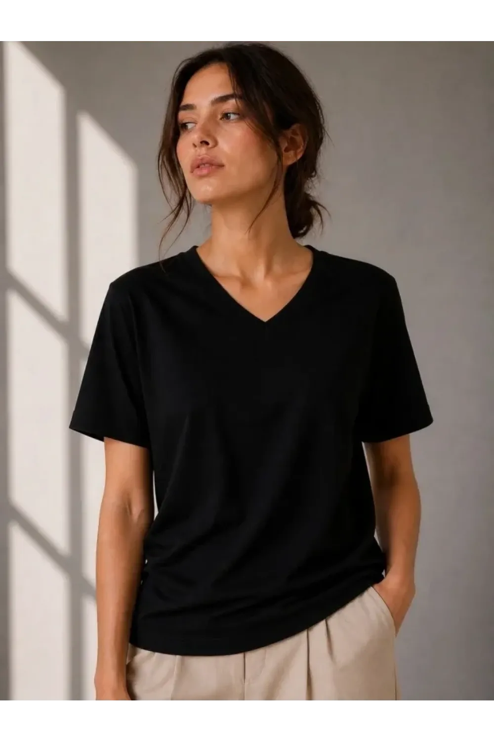 V Yaka Basic Tişört Kısa Kol Yazlık Regular Fit T-Shirt - Siyah
