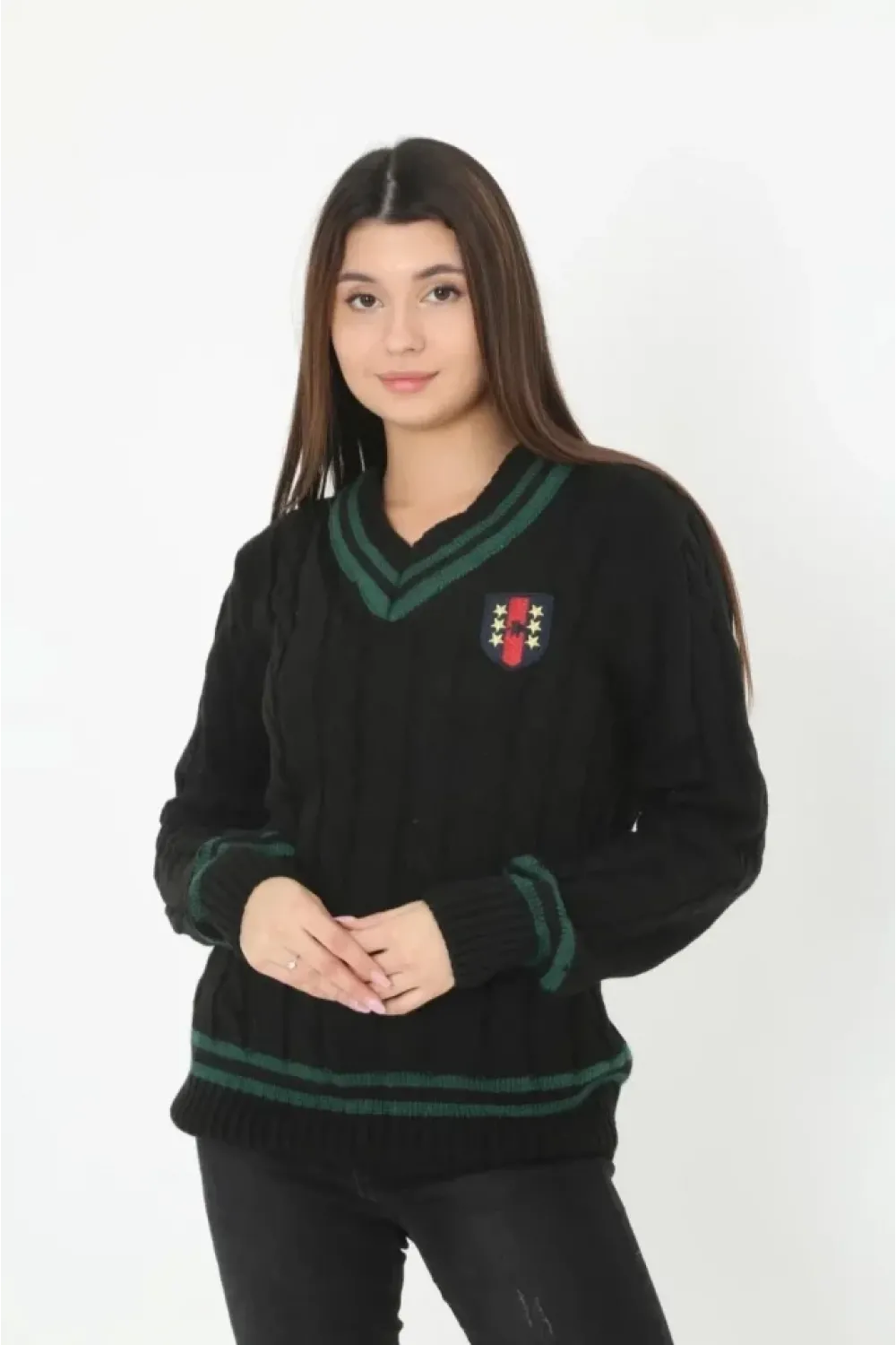 V Yaka Örgülü Kazak - Siyah