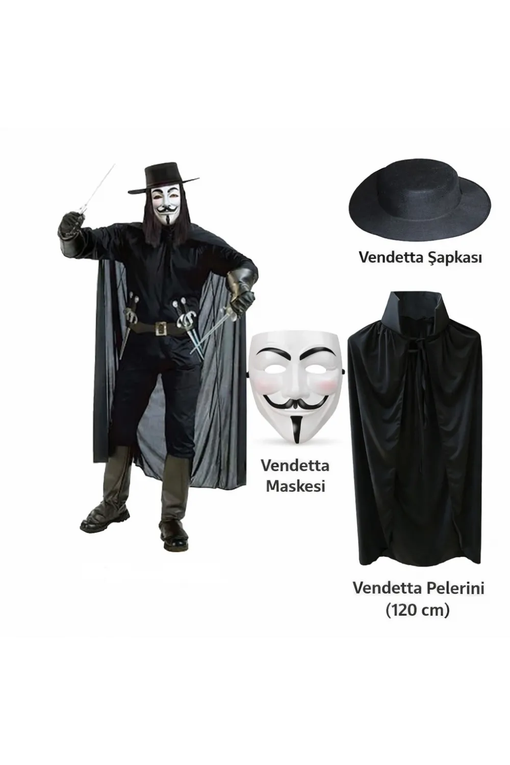 Vendetta Kostüm Seti – Şapka Maske Pelerin (120 Cm)