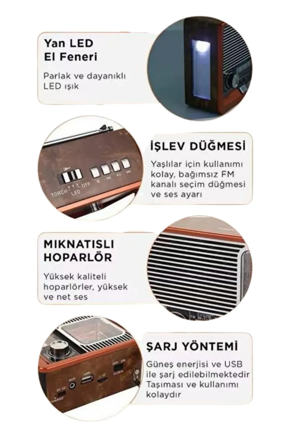 Vintage Nostaljik Radyo Aux Usb Sd Kart Girişli Şarjlı Bluetooth Bağlantılı