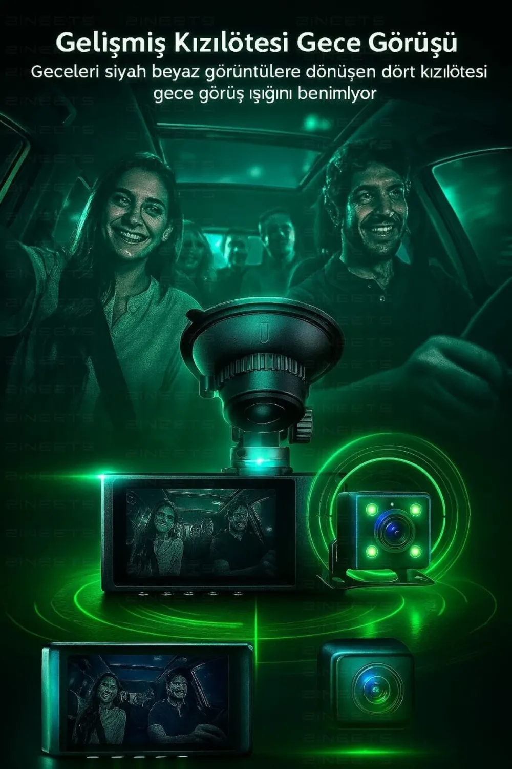 Wifi 1080p Araç İçi 3 Kameralı Lcd Ekranlı Gece Görüşlü , G-sensör , Geri Görüş Kamera