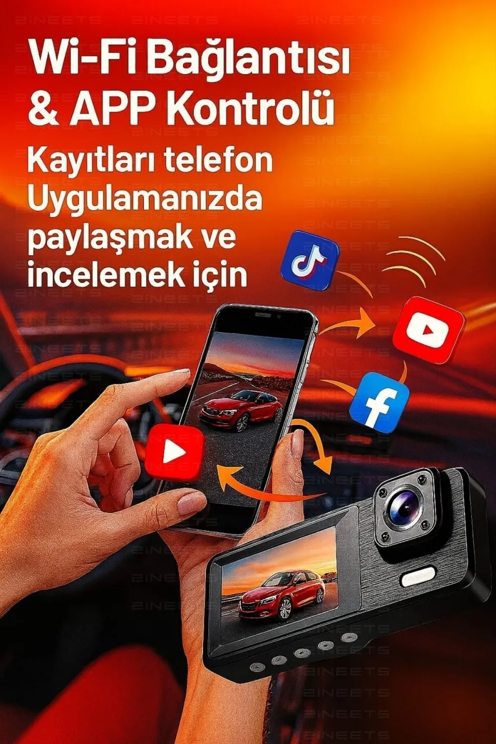 Wifi 1080p Araç İçi 3 Kameralı Lcd Ekranlı Gece Görüşlü , G-sensör , Geri Görüş Kamera