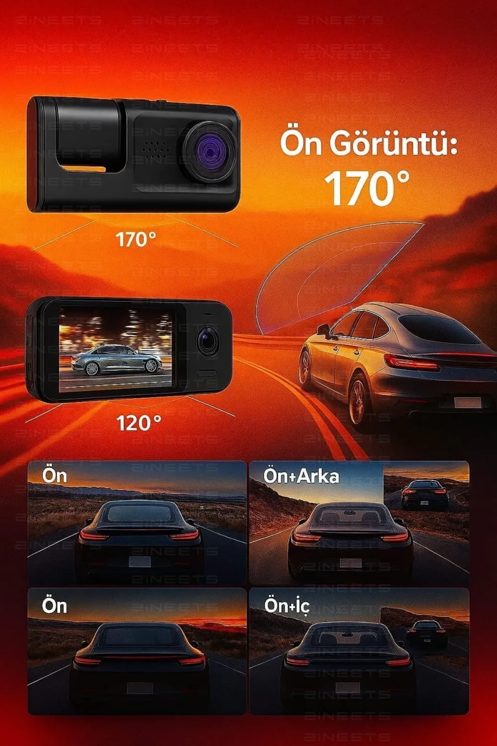 Wifi 1080p Araç İçi 3 Kameralı Lcd Ekranlı Gece Görüşlü , G-sensör , Geri Görüş Kamera