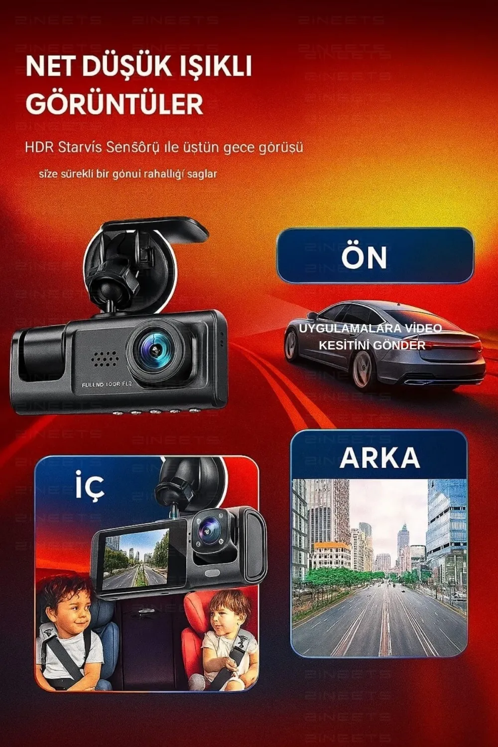 Wifi 1080p Araç İçi 3 Kameralı Lcd Ekranlı Gece Görüşlü , G-sensör , Geri Görüş Kamera