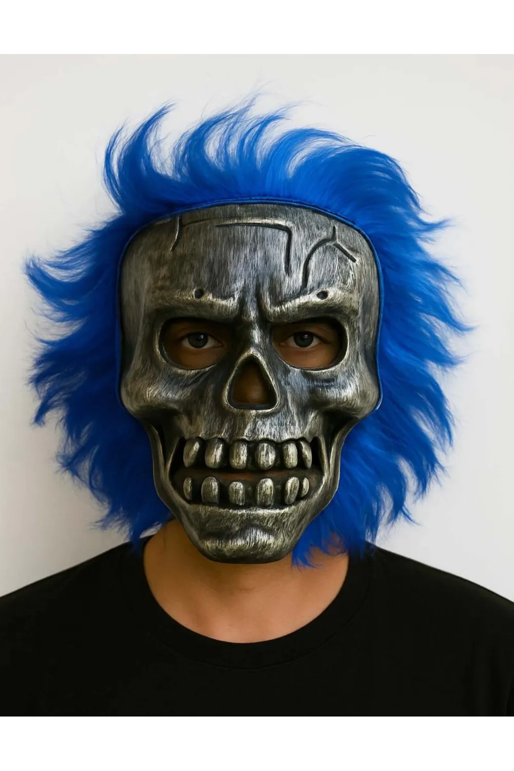 Wild Skull - Gümüş Kafatası Mavi Saçlı İskelet Maske