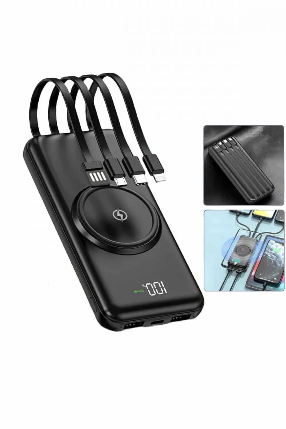 Wireless Powerbank 10000 Mah Led Ekranlı Dahili Kablolu Hızlı Şarj