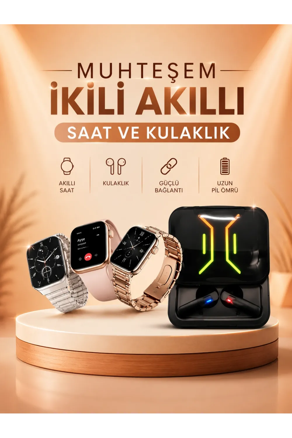 Wireless Şarjlı Akıllı Saat Ve Dijital Göstergeli Kablosuz Bluetooth Kulaklık Nabız Ölçer
