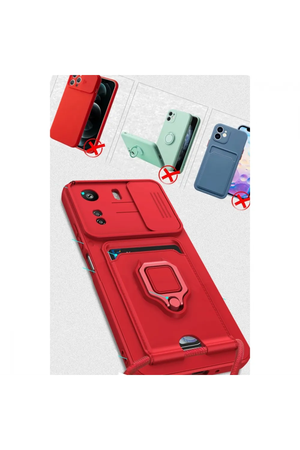 Xiaomi Redmi 13c Kılıf Zuma Kartvizitli Yüzüklü Silikon - Kırmızı