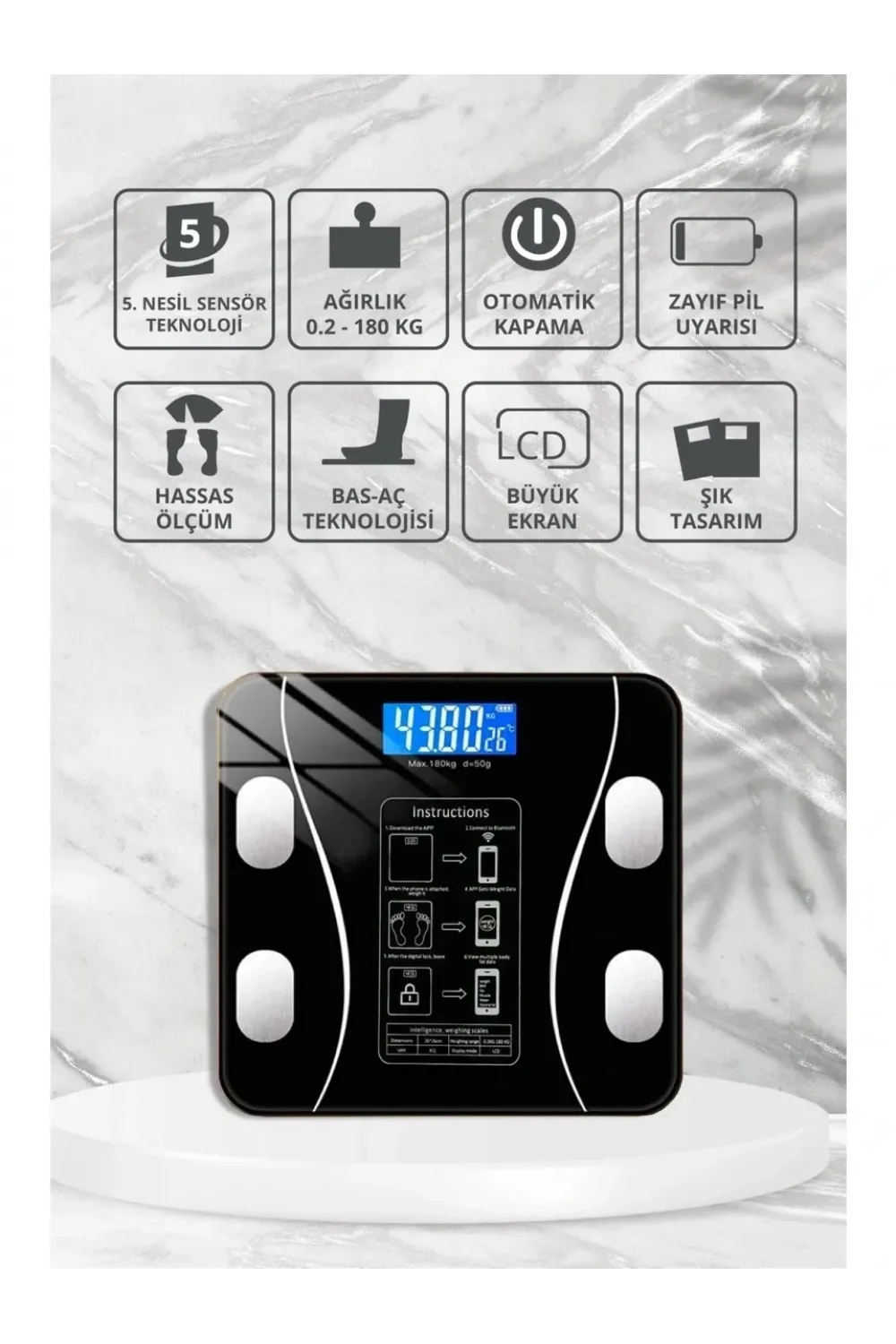 Yağ Ölçer Fonksiyonlu Dijital Baskül Elektronik Tartı Akıllı Bluetooth Lcd Dijital Ekran Ev Vücut