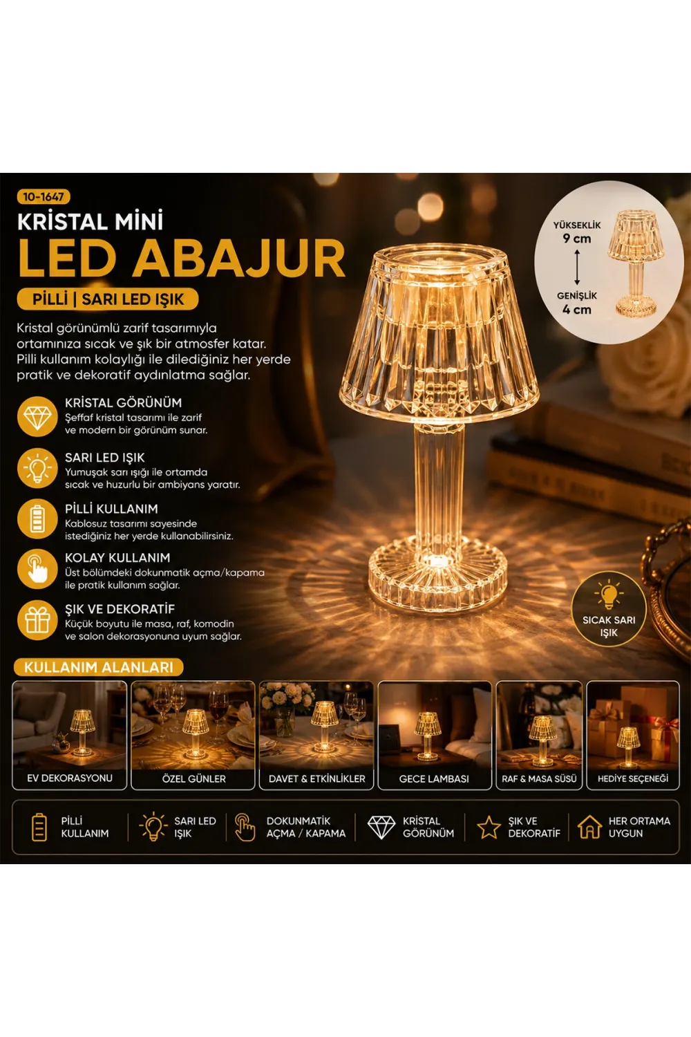 Yakut-9878  Kristal Damlalı Mumluk & Masa Lamba Abajur Mini Pilli*24x20