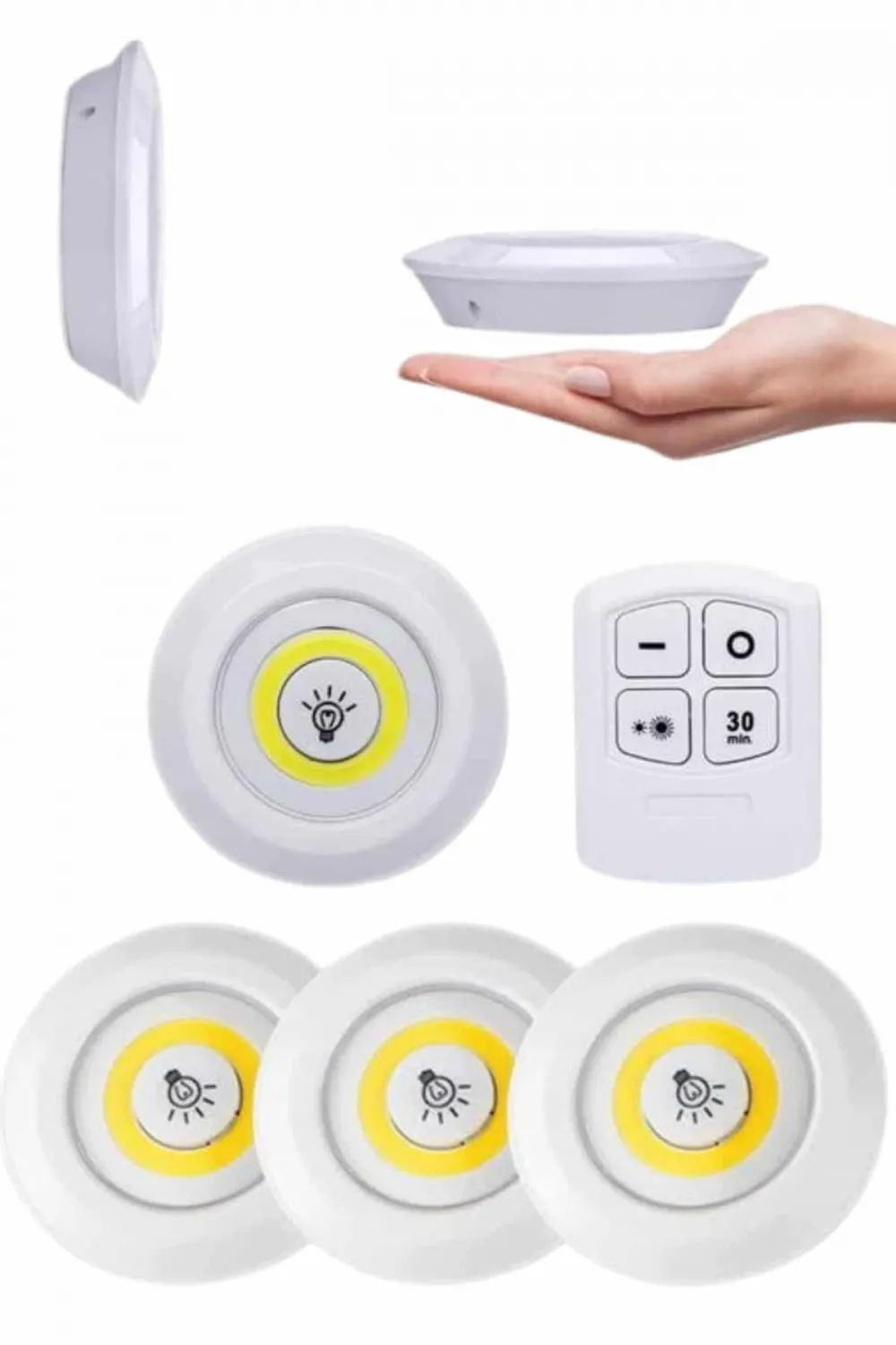 Yapışkanlı 3lü Spot Led Işık Lamba Montajsız Pilli Uzaktan Kumandalı