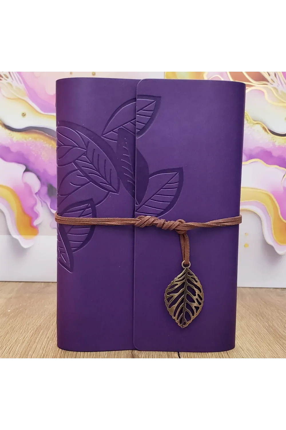 Yaprak Desenli Çizgisiz Deri Defter Mor