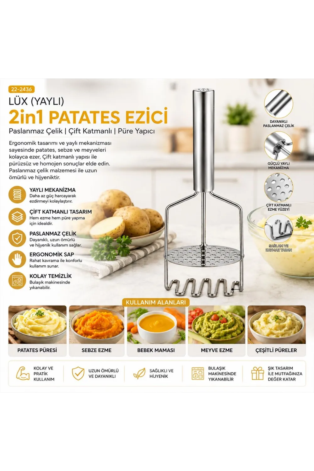 Yaylı 2-in-1 Patates Ezici
