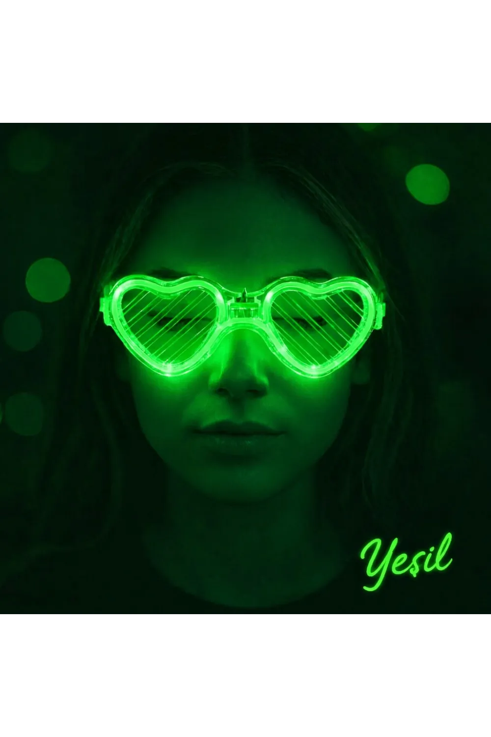 Yeşil LED Işıklı Kalp Gözlük – 3 Modlu Parti & Glow Gözlüğü