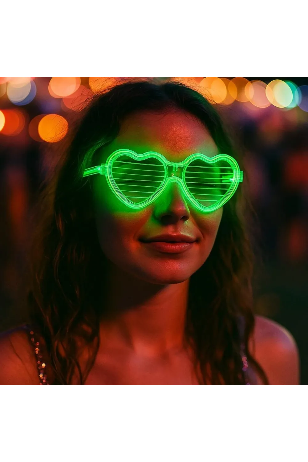 Yeşil LED Işıklı Kalp Gözlük – 3 Modlu Parti & Glow Gözlüğü