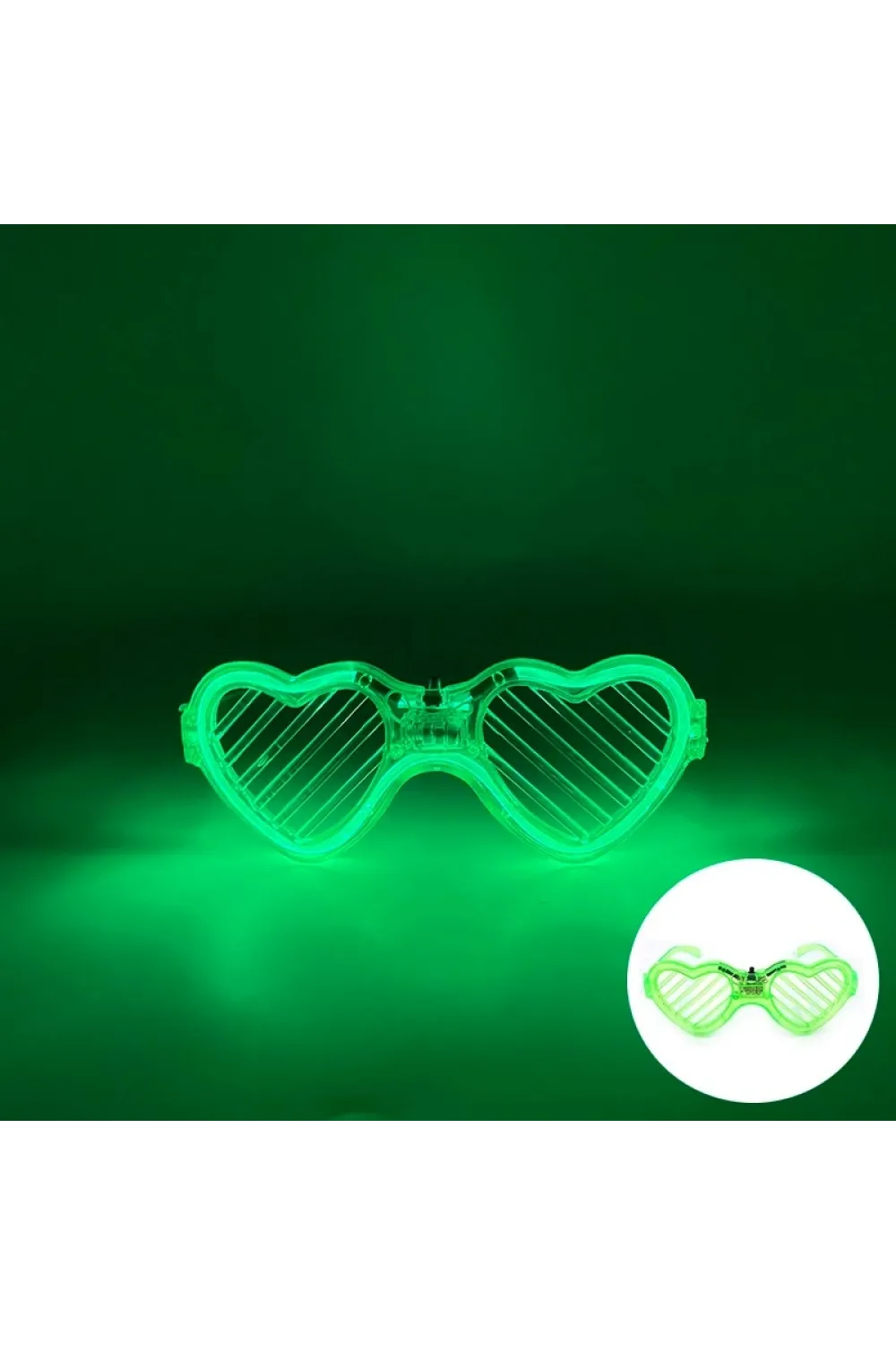 Yeşil LED Işıklı Kalp Gözlük – 3 Modlu Parti & Glow Gözlüğü