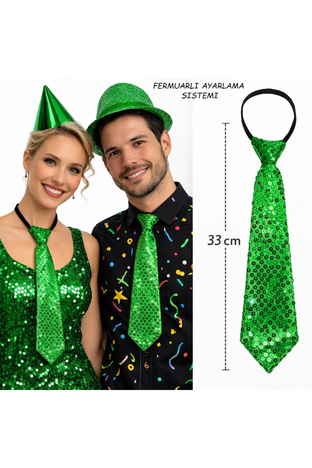 Yeşil Renk Pul Payetli Işıltılı Parti Kravatı 33 cm