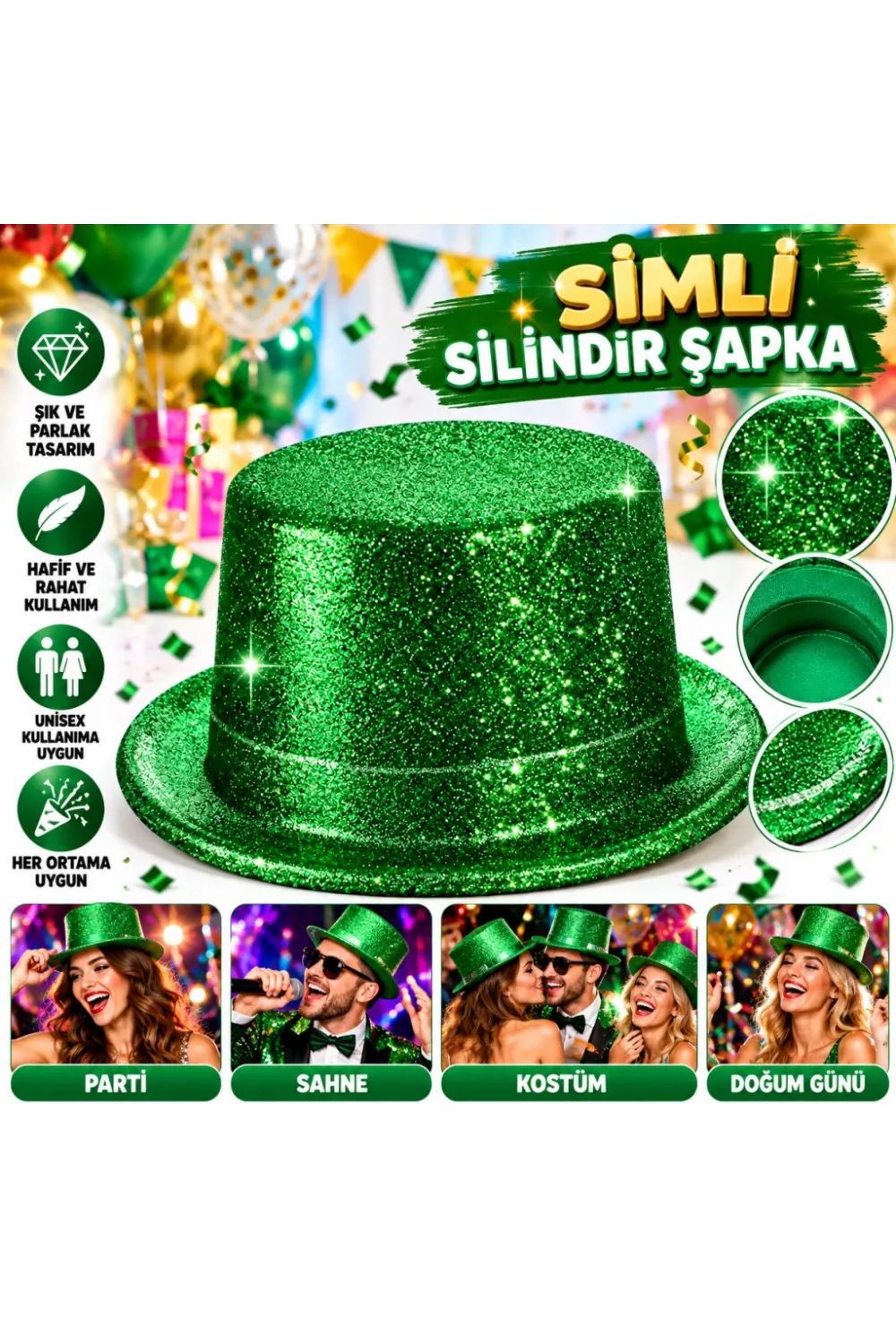 Yeşil Simli Glitter Silindir Parti Şapkası