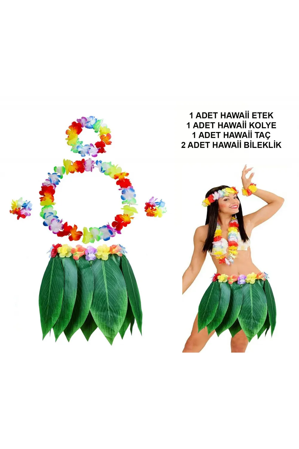 Yetişkin Hawaii Kostüm Seti - Yaprak Etek & Hawaii Set - 5 Parça
