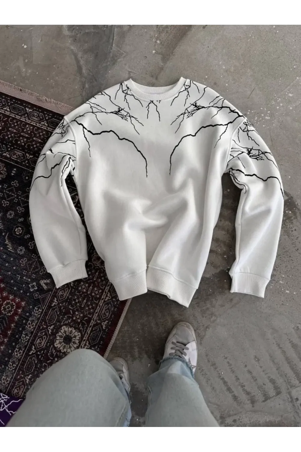Yıldırım Baskılı Bisiklet Yaka SweatShirt - Beyaz