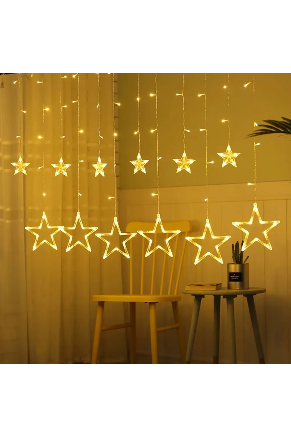 Yıldız Sarkıtlı Perde LED Aydınlatma - 3m Genişlik, 8 Modlu, Günışığı Renk,Ev Süsleme Işığı