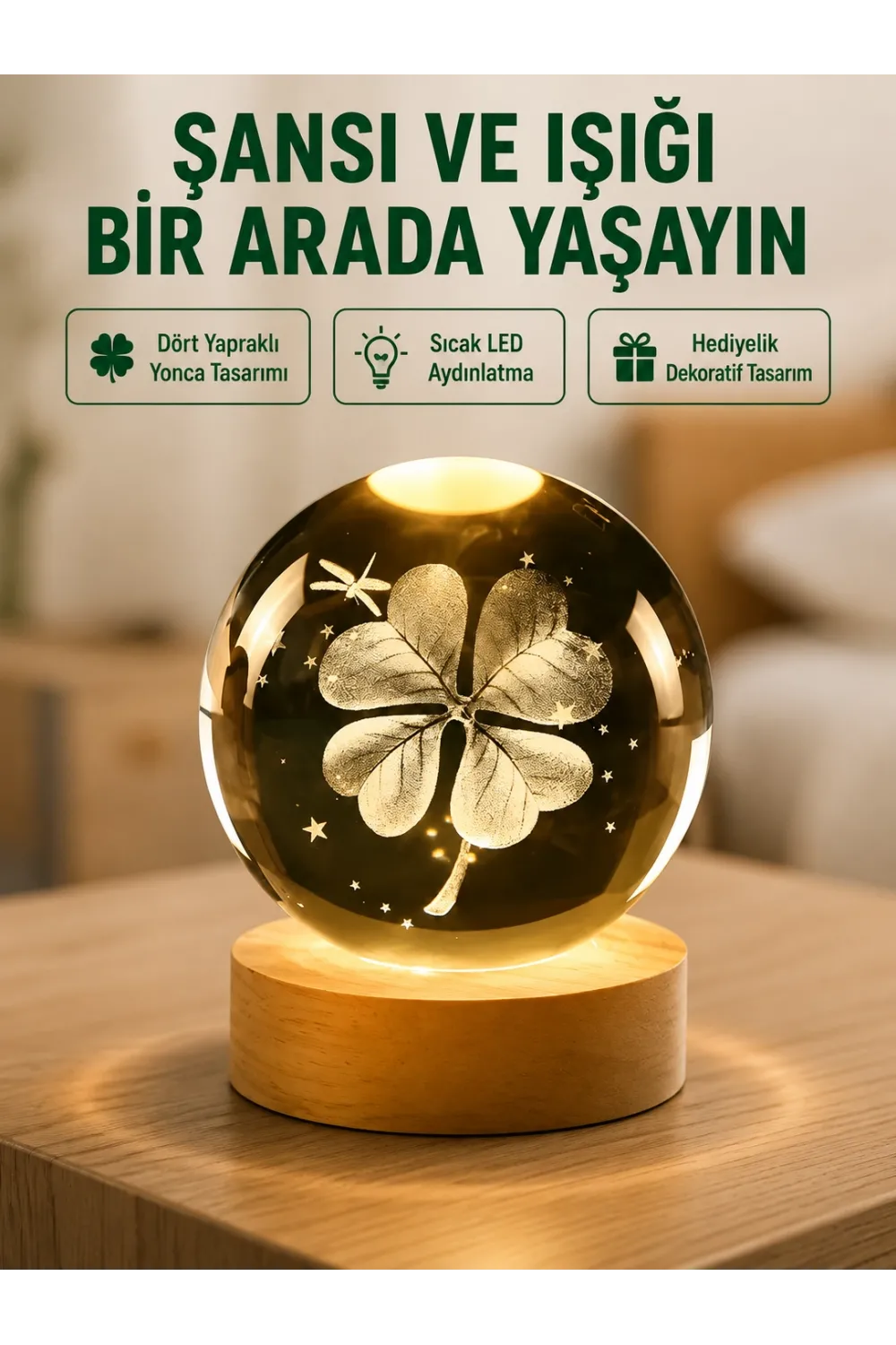 Yonca Figürlü Cam Küre Usb Işıklı Ahşap Tabanlı Dekoratif Masa Lambası