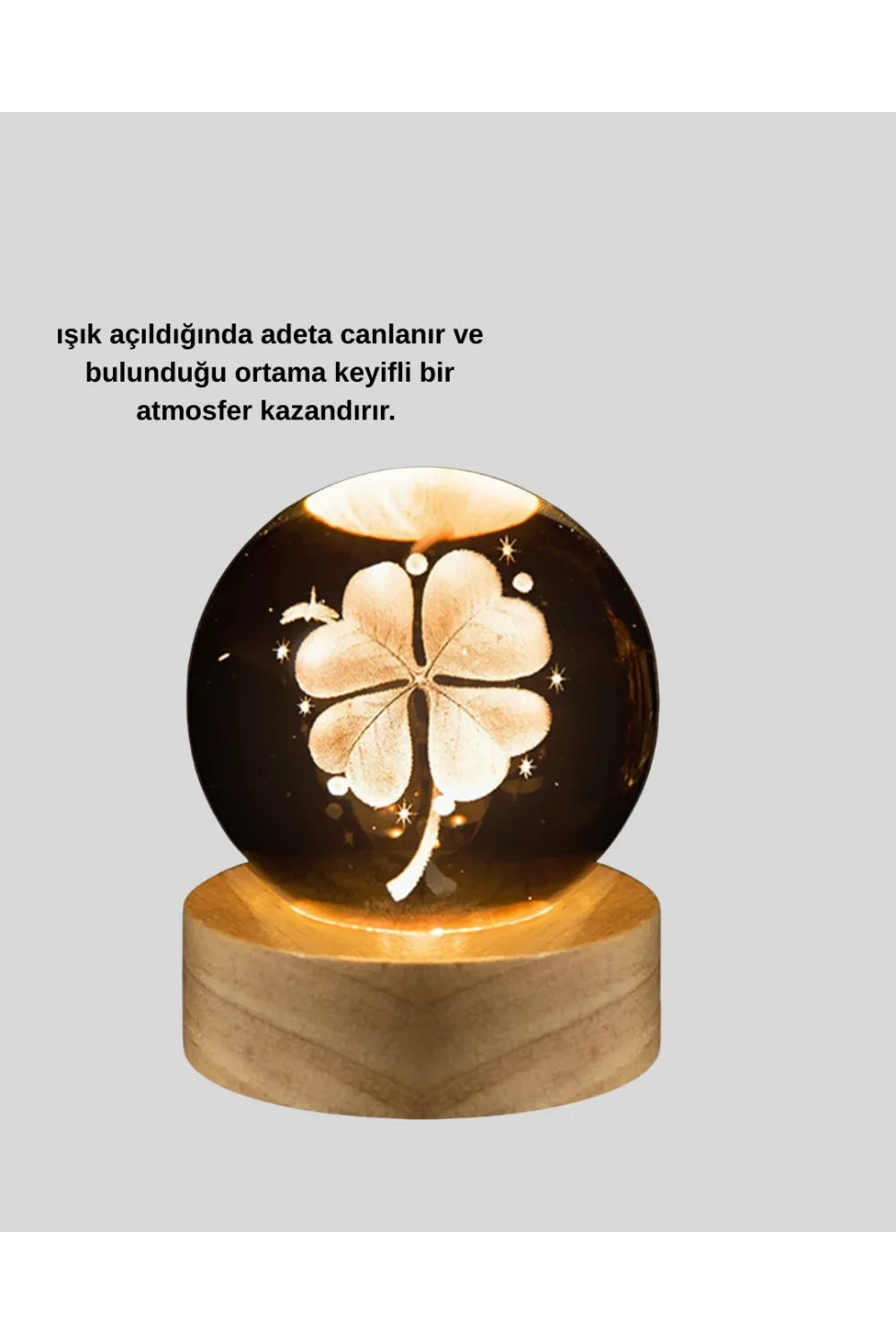 Yonca Figürlü Cam Küre Usb Işıklı Ahşap Tabanlı Dekoratif Masa Lambası