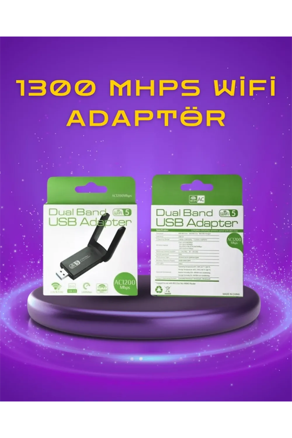 Yüksek Hızlı 1200 Mbps Çift Bant Usb Wifi Adaptör – Güçlü Sinyal, Geniş Uyumluluk