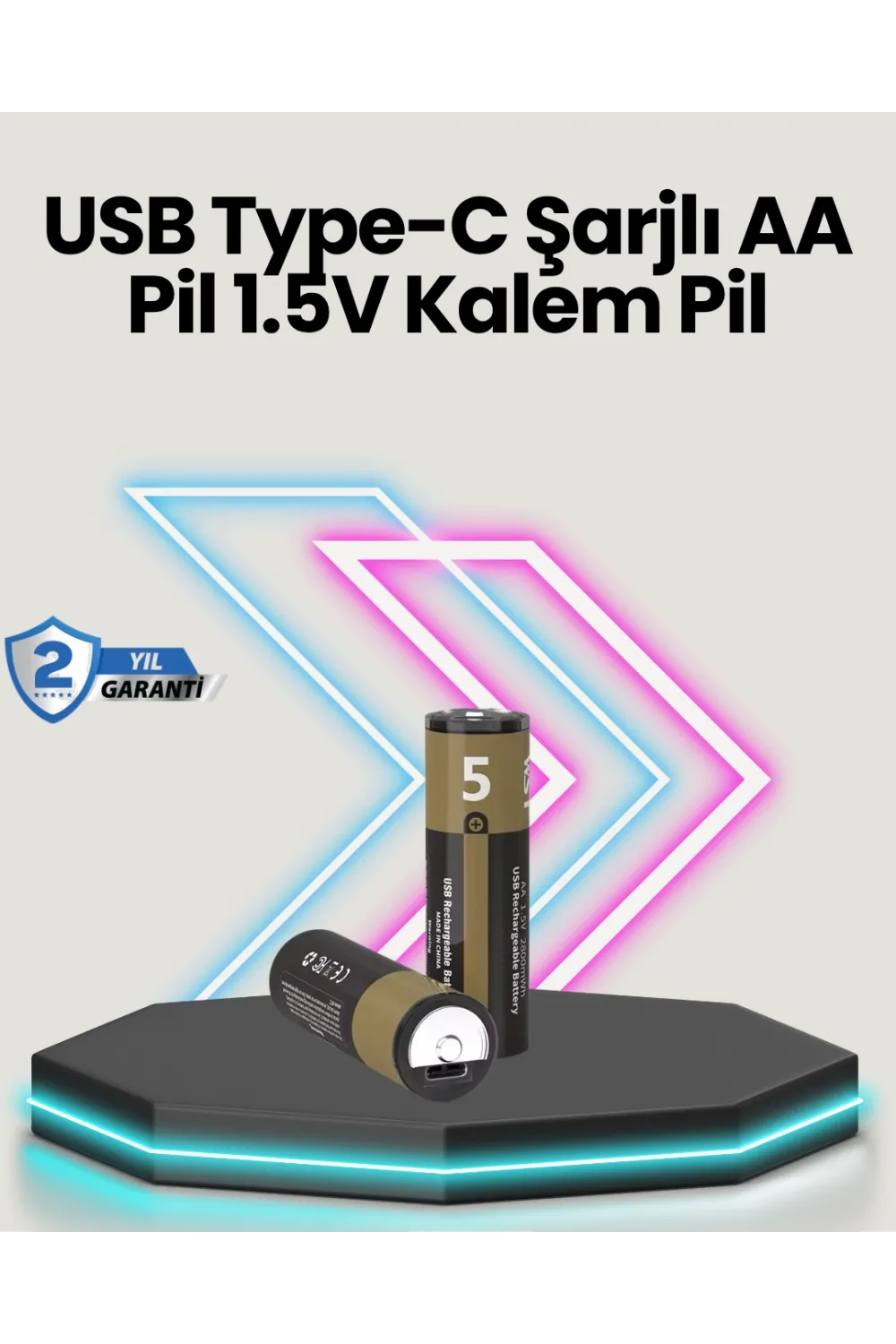 Yüksek Performanslı Aa Usb Şarjlı Lityum Pil | 1.5v Sabit Güç | 2’li Paket