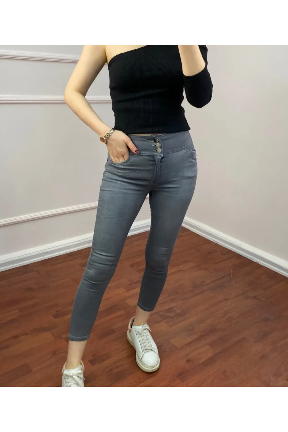 Yüksel Bel Likralı Kot Pantolon (Gri)