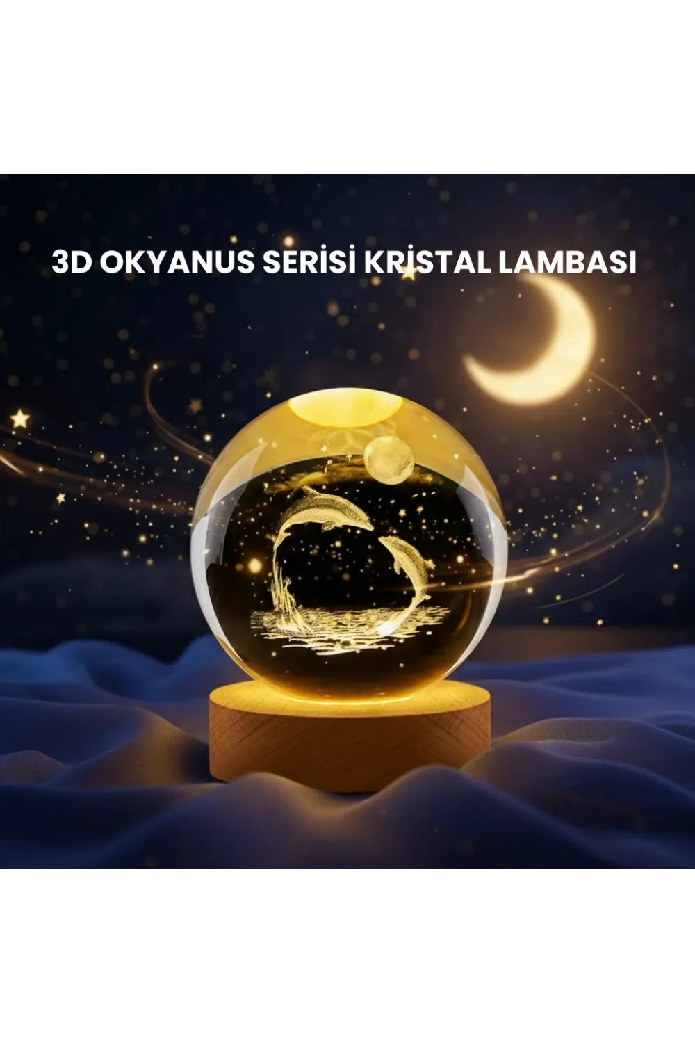 Yunus Figürlü Led Kristal Küre Ahşap Standlı Dekoratif Gece Lambası