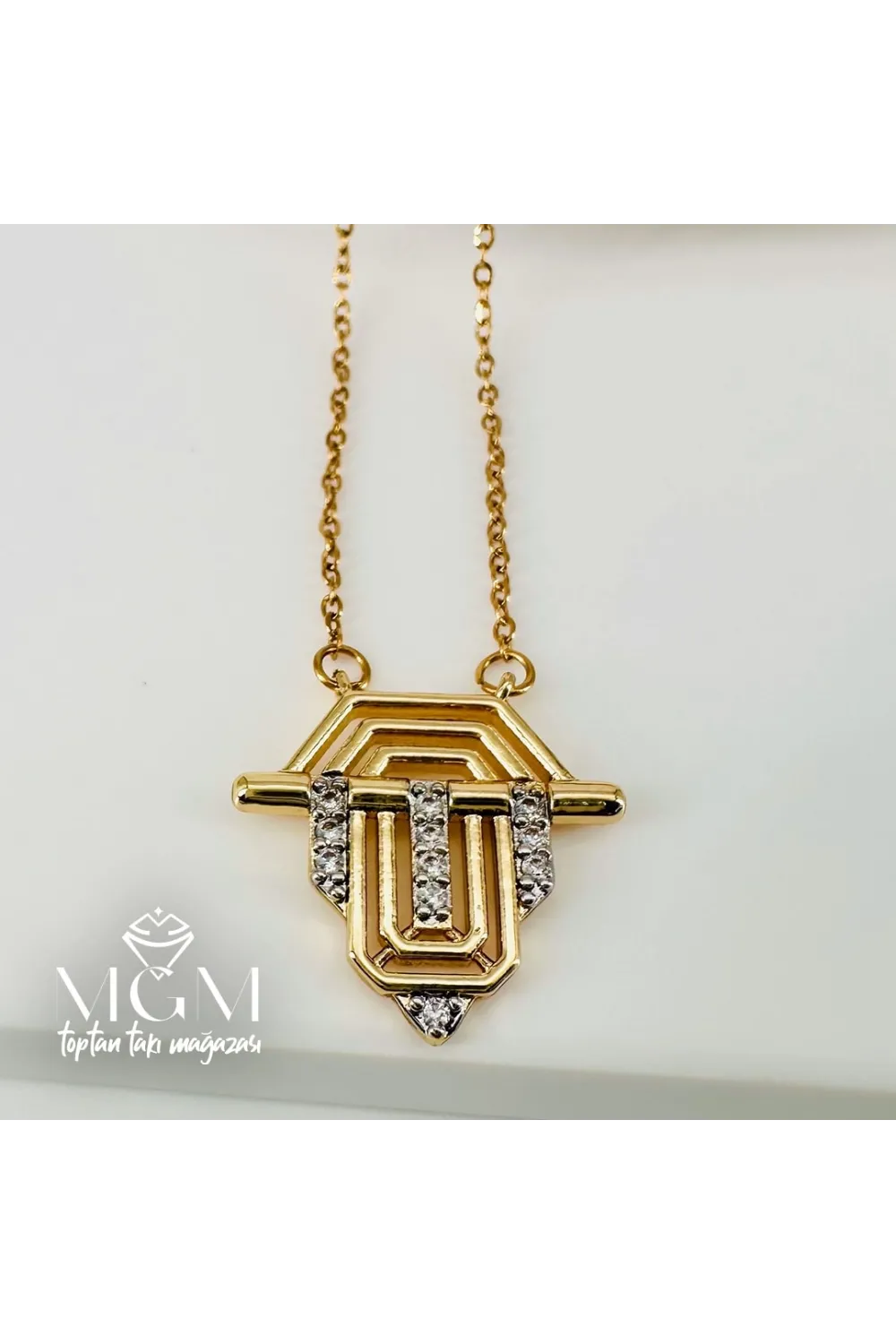 Zirkon Taşlı Uç : Pirinç Çelik Kolye 40+5 Cm - Kl0192