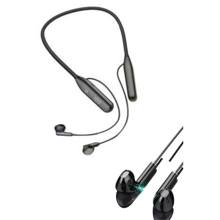 100 Saat Kablolu Boyun Askılı Dijital Göstergeli Bluetooth Kulaklığı