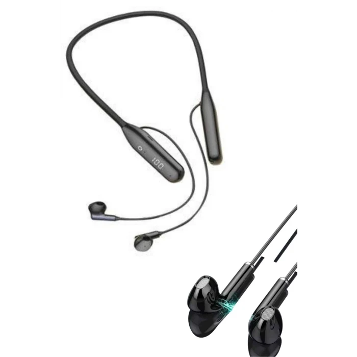 100 Saat Kablolu Boyun Askılı Dijital Göstergeli Bluetooth Kulaklığı