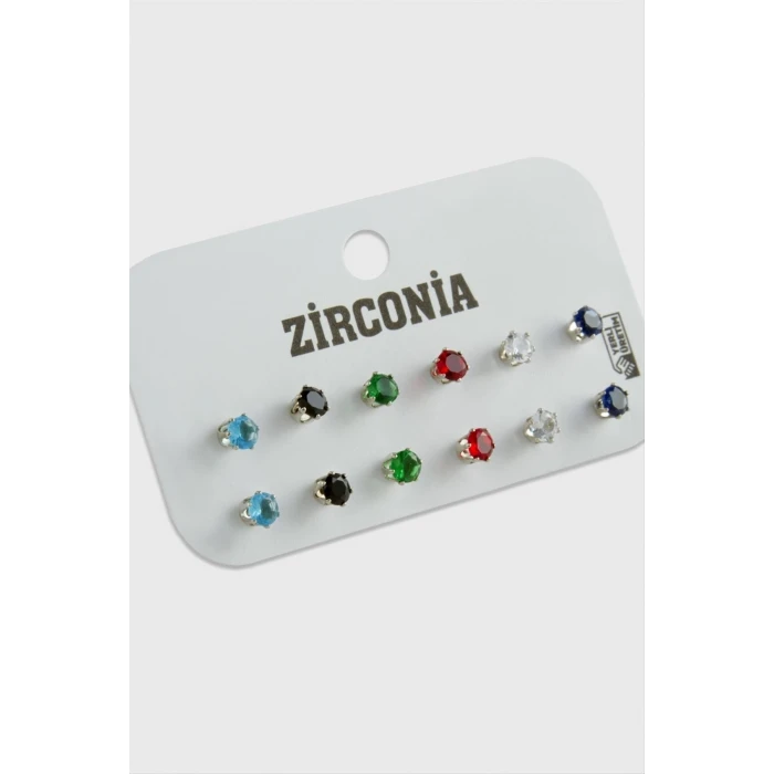 12 Adet Renkli Zirkon Tek Taşlı Küpe