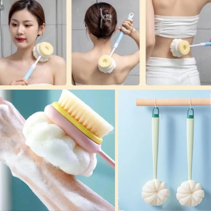 2'si 1 Arada Çift Taraflı Uzun Saplı Fırçalı Banyo Vücut Sırt Fırçası Banyo Lifi (4887)