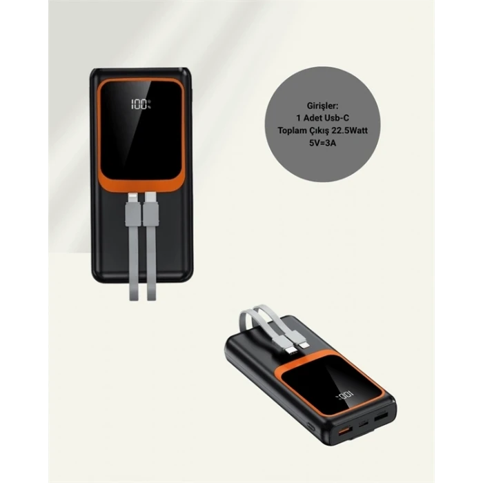 20.000 Mah Powerbank – 22.5w Hızlı Şarj, Çok Kablolu, Dijital Göstergeli