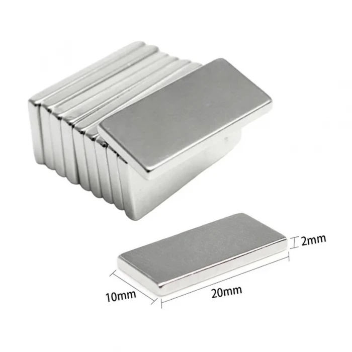 20×10×2 mm N35 Neodyum Mıknatıs – Köşeli, Nikel Kaplama (50’li Set)