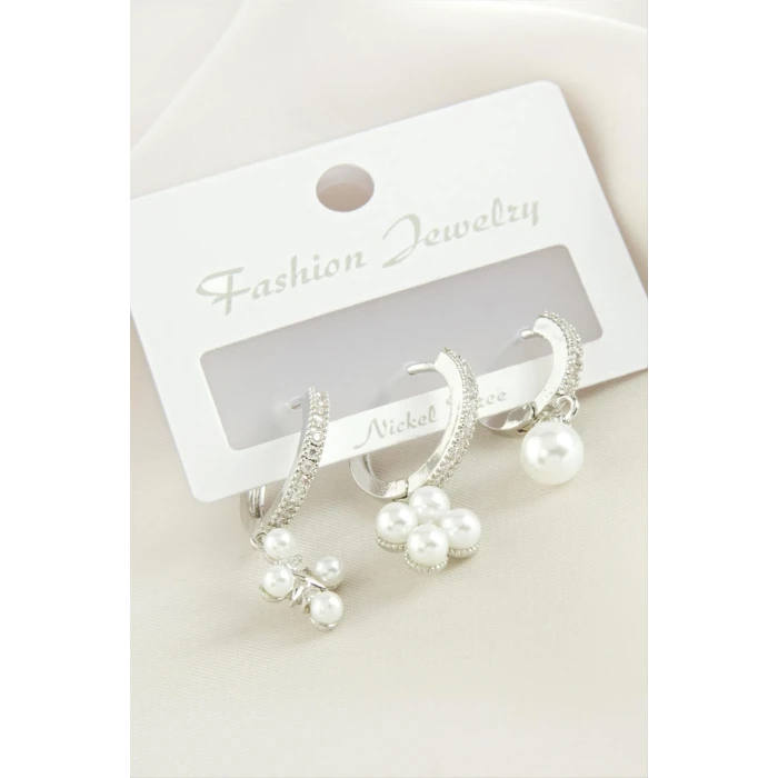 3 Adet Çiçek İnci Zirkon Taşlı Küpe