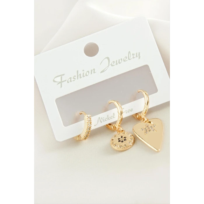 3 Adet Kalp Zirkon Taşlı Küpe