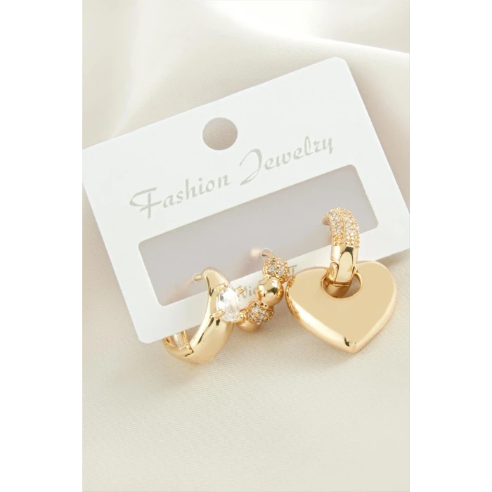 3 Adet Kalp  Zirkon Taşlı Küpe