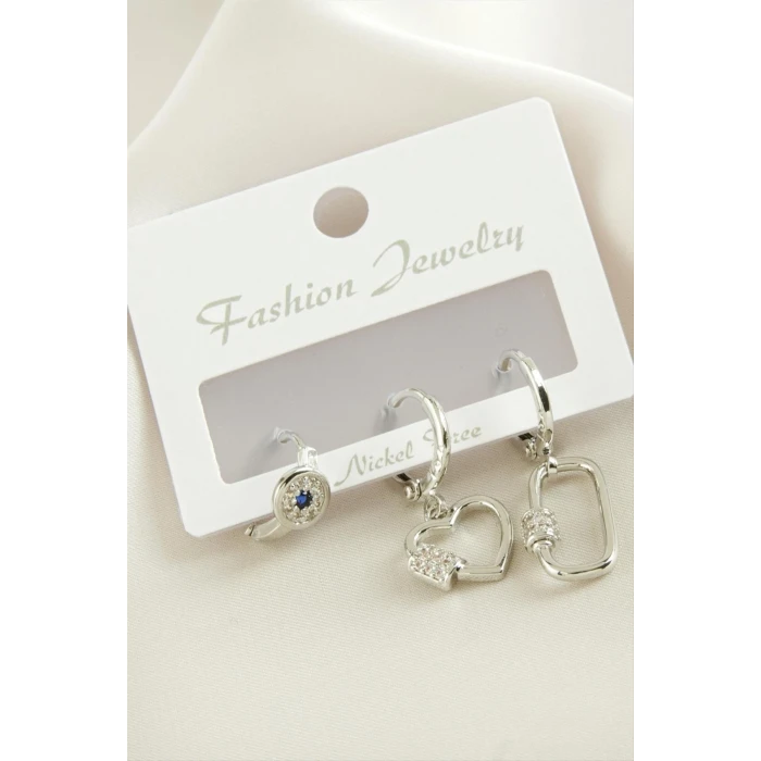 3 Adet Kalp Zirkon Taşlı Küpe