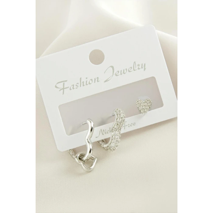 3 Adet Kalp Zirkon Taşlı Küpe