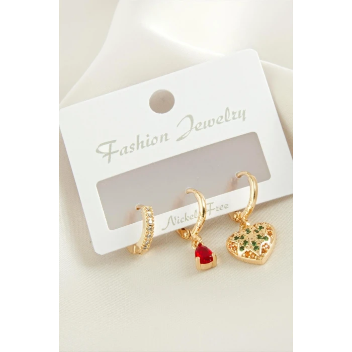 3 Adet Kalp Zirkon Taşlı Küpe