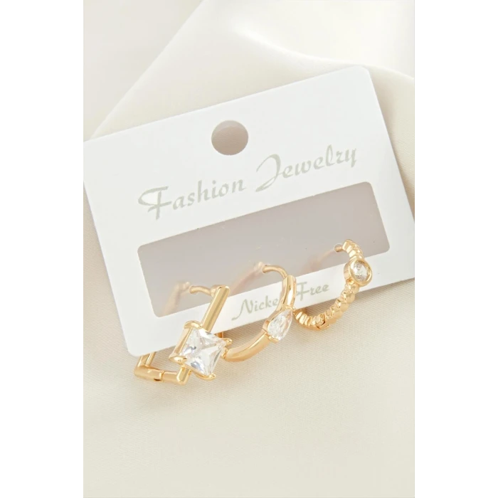 3 Adet Kare Zirkon Taşlı Küpe